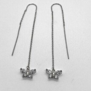 925 Sterling Silver & Clear Cz Butterfly Chain Dangle Threader Earrings | 2.5” L